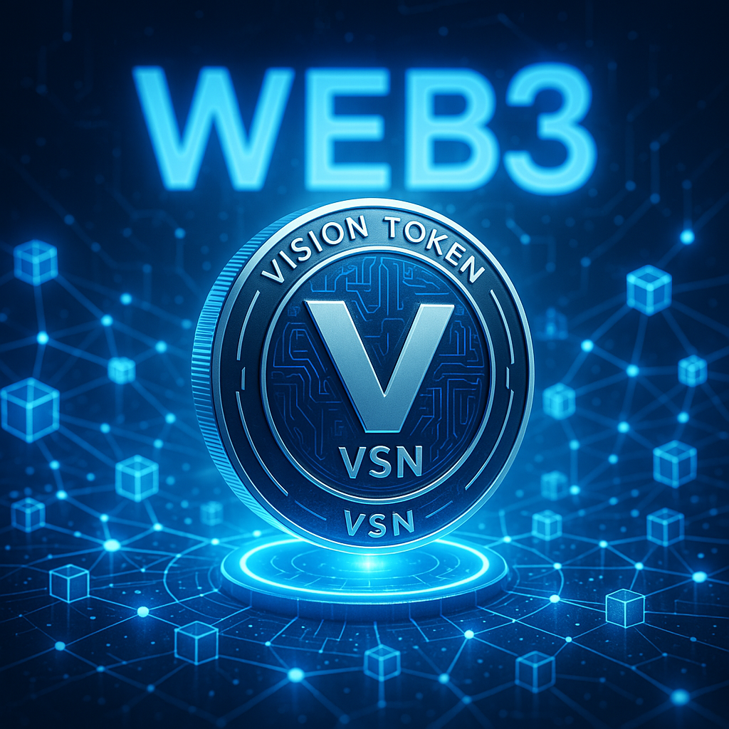 Futuristischer digitaler Token, der den Vision Token (VSN) darstellt, umgeben von leuchtenden Blockchain-Verbindungen und einem modernen Web3-Ökosystem.