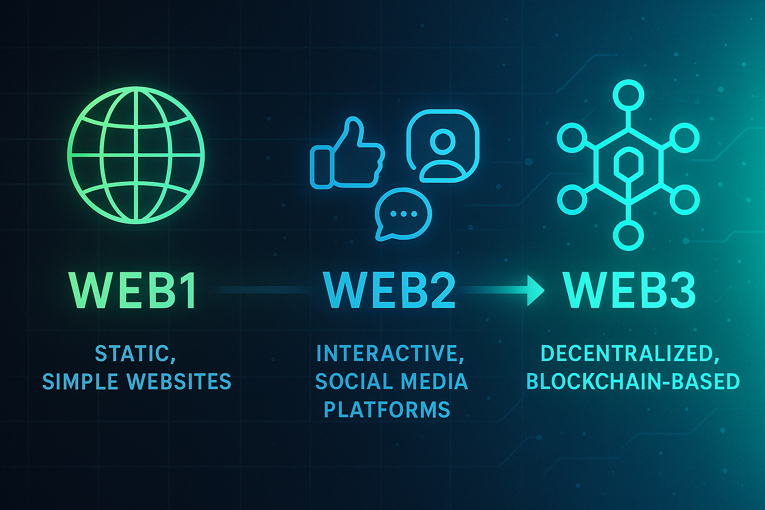 Illustration der Entwicklung des Internets von Web1 zu Web3, dargestellt als Zeitleiste mit drei Abschnitten: Web1 (statische Webseiten), Web2 (interaktive soziale Netzwerke) und Web3 (dezentralisierte Blockchain-Technologie). Futuristisches Design mit Symbolen wie einer Weltkugel, Social-Media-Icons und Blockchain-Knoten.