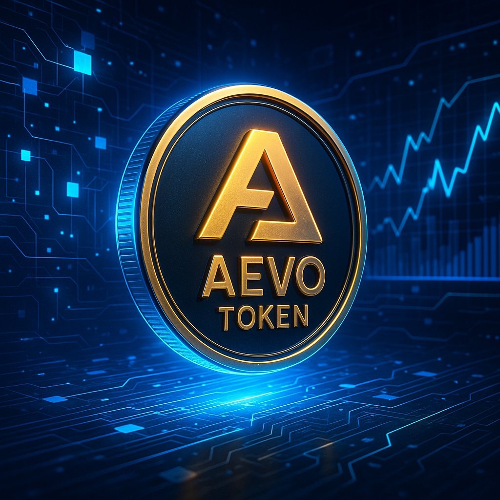 Futuristische Darstellung des Aevo-Tokens (AEVO) in einem digitalen Finanzökosystem – leuchtendes Symbol vor einem modernen, hoch technologischen Hintergrund mit Blockchain-Knoten, Diagrammen und einer lebendigen Farbpalette aus Blau, Silber und Gold. Das Design vermittelt Innovation, Geschwindigkeit und Vertrauen in den Kryptowährungsbereich.