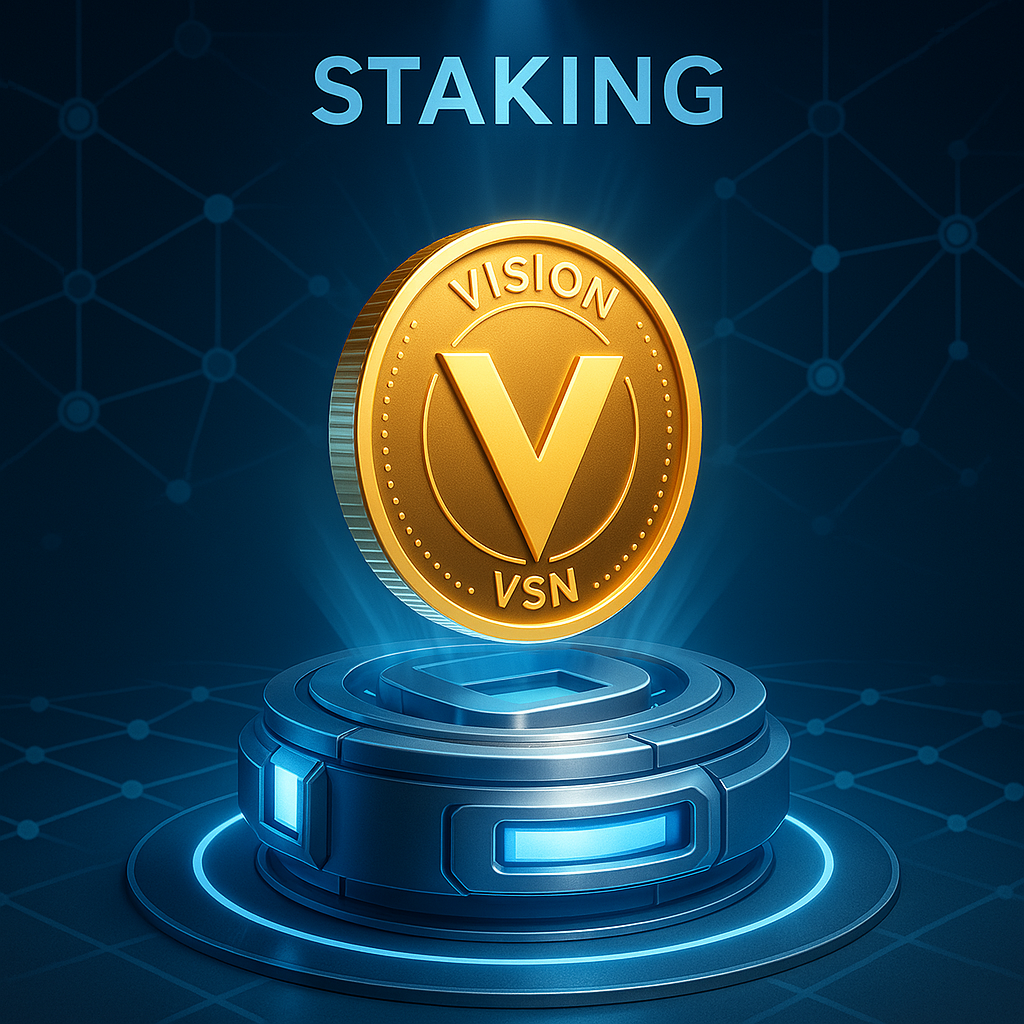 Glühendes Vision (VSN) Token wird in einen futuristischen digitalen Tresor gestakt, umgeben von einem modernen Blockchain-Netzwerk mit leuchtenden Knotenpunkten in Blau-, Silber- und Goldtönen.