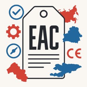 Close-up eines runden EAC-Zertifizierungslogos in Gold und Blau mit dem Schriftzug ‘EAC’ und stilisierten Lorbeerzweigen, umgeben von technischen Symbolen und einer kleinen Flagge, die die Eurasische Wirtschaftsunion symbolisiert.