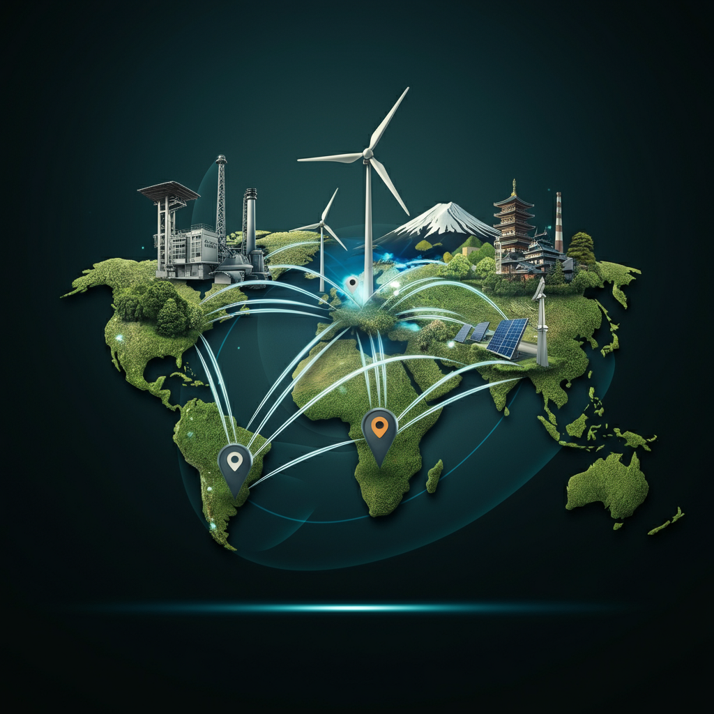 Illustration der globalen Handelsvernetzung von Sogo Shosha, mit Handelsrouten, Industrieanlagen, Symbolen für erneuerbare Energien und traditioneller japanischer Architektur.