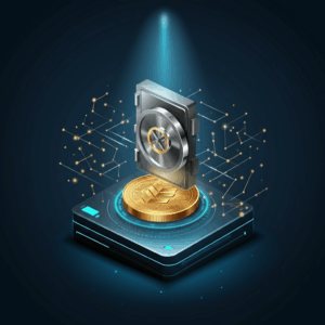Glühendes Vision (VSN) Token wird in einen futuristischen digitalen Tresor gestakt, umgeben von einem modernen Blockchain-Netzwerk mit leuchtenden Knotenpunkten in Blau-, Silber- und Goldtönen.