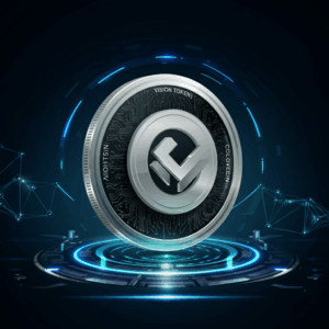 Futuristischer digitaler Token, der den Vision Token (VSN) darstellt, umgeben von leuchtenden Blockchain-Verbindungen und einem modernen Web3-Ökosystem.