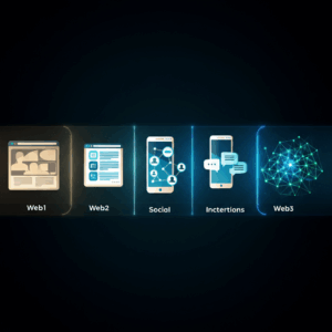 Illustration der Entwicklung des Internets von Web1 zu Web3, dargestellt als Zeitleiste mit drei Abschnitten: Web1 (statische Webseiten), Web2 (interaktive soziale Netzwerke) und Web3 (dezentralisierte Blockchain-Technologie). Futuristisches Design mit Symbolen wie einer Weltkugel, Social-Media-Icons und Blockchain-Knoten.