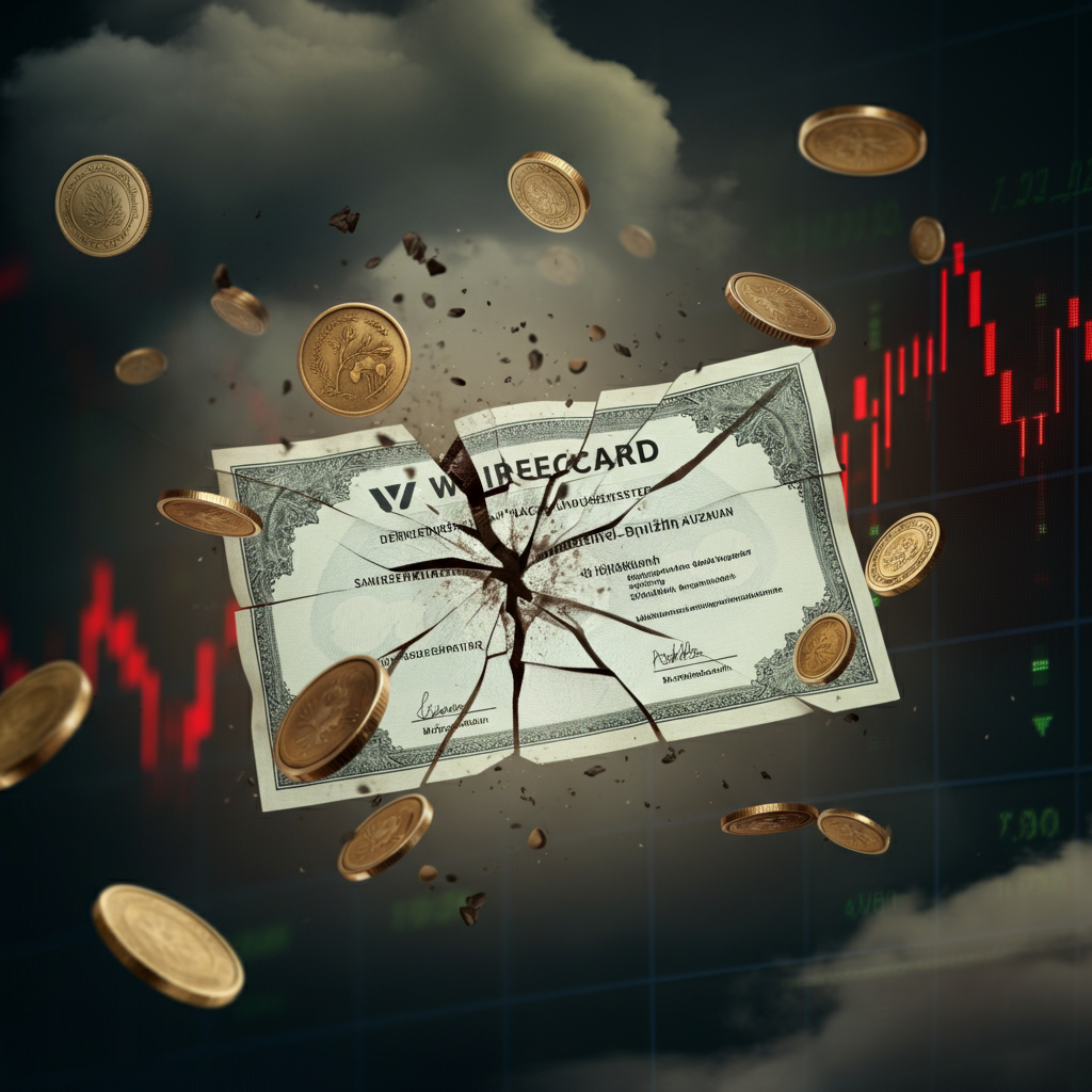 Symbolbild für den Wirecard-Skandal: Eine zerbrochene Aktie mit Wirecard-Logo, umgeben von dunklen Wolken, fallenden Münzen und einer Börsentafel mit roten Zahlen, die Unsicherheit und Finanzkrise symbolisieren.