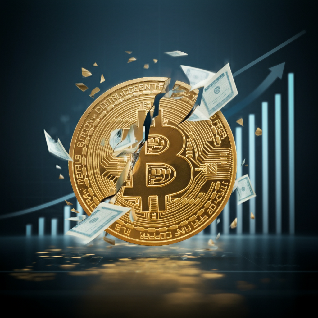 Bitcoin-Münze neben MicroStrategy-Logo, steigender Aktienkurs der MSTR-Aktie und Symbolgrafik zur Verwässerung bestehender Aktionäre