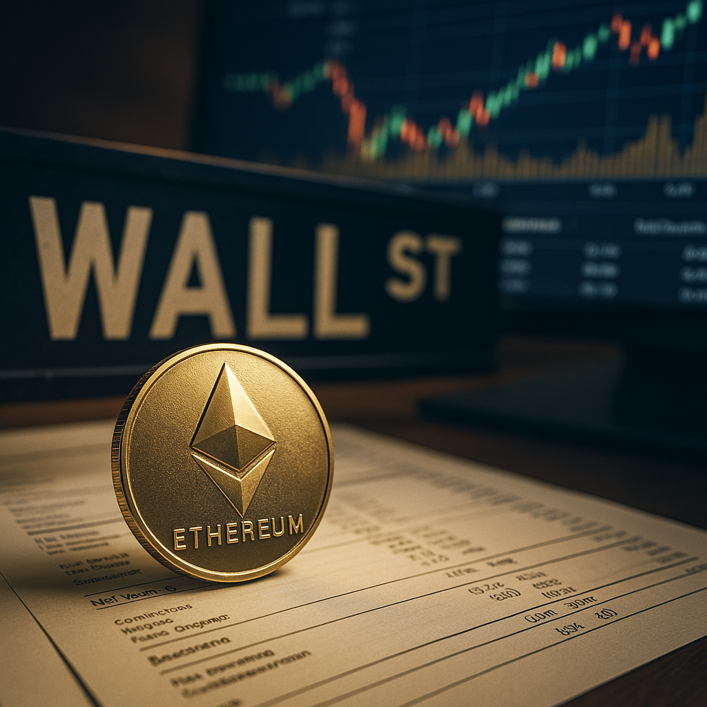 Goldene Ethereum-Münze auf einem Finanzbericht vor einem Wall-Street-Schild und Börsendiagrammen auf einem Monitor – Symbol für die Integration von Krypto in die traditionelle Finanzwelt