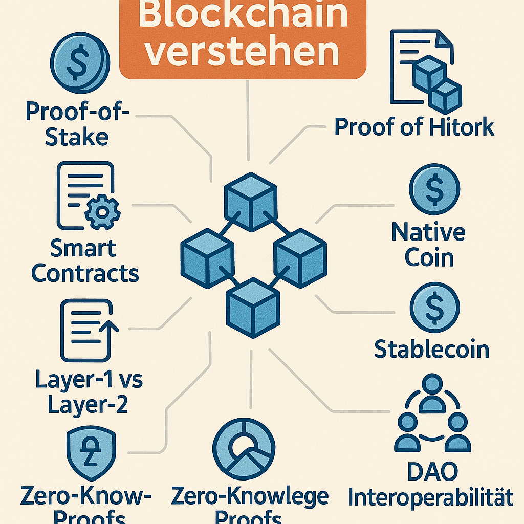 Stilisierte digitale Infografik mit dem Titel 'Blockchain verstehen' auf hellem Hintergrund. Die Grafik ist in vier thematische Quadranten unterteilt: Konsensverfahren (Proof-of-Work, Proof-of-Stake, Proof of History, HyperBFT)
