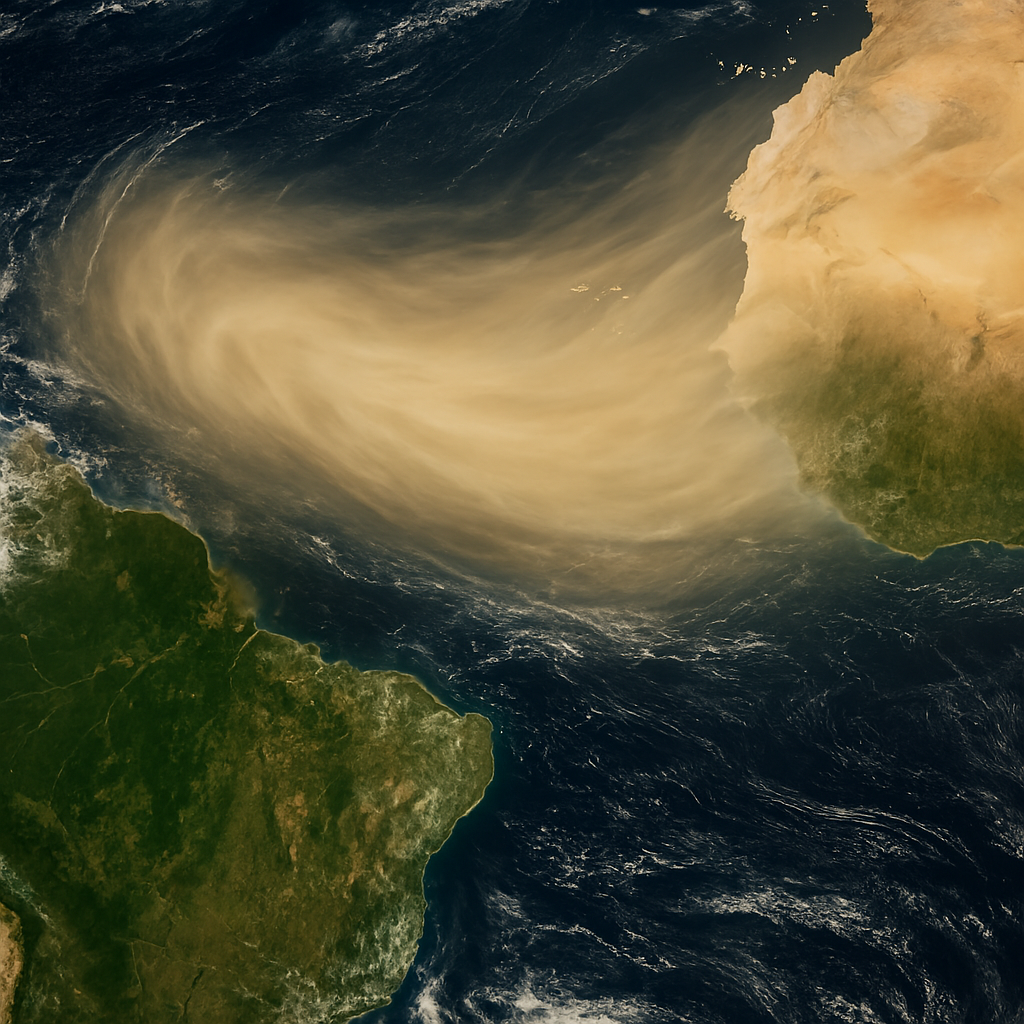 Satellitenbild, das eine riesige Staubwolke aus der Sahara zeigt, die den Atlantischen Ozean in Richtung des Amazonas-Regenwaldes überquert. Die goldbraunen Staubplumes heben sich deutlich von dem tiefblauen Ozean und dem üppigen Grün des Regenwaldes ab.
