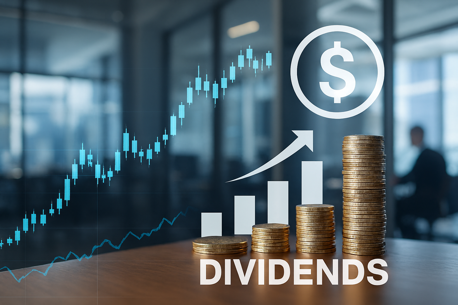 Illustration von finanziellen Investitionen mit einem steigenden Aktienchart, Münzstapeln und einem leuchtenden Aufwärtspfeil, die Wachstum und Erfolg symbolisieren.