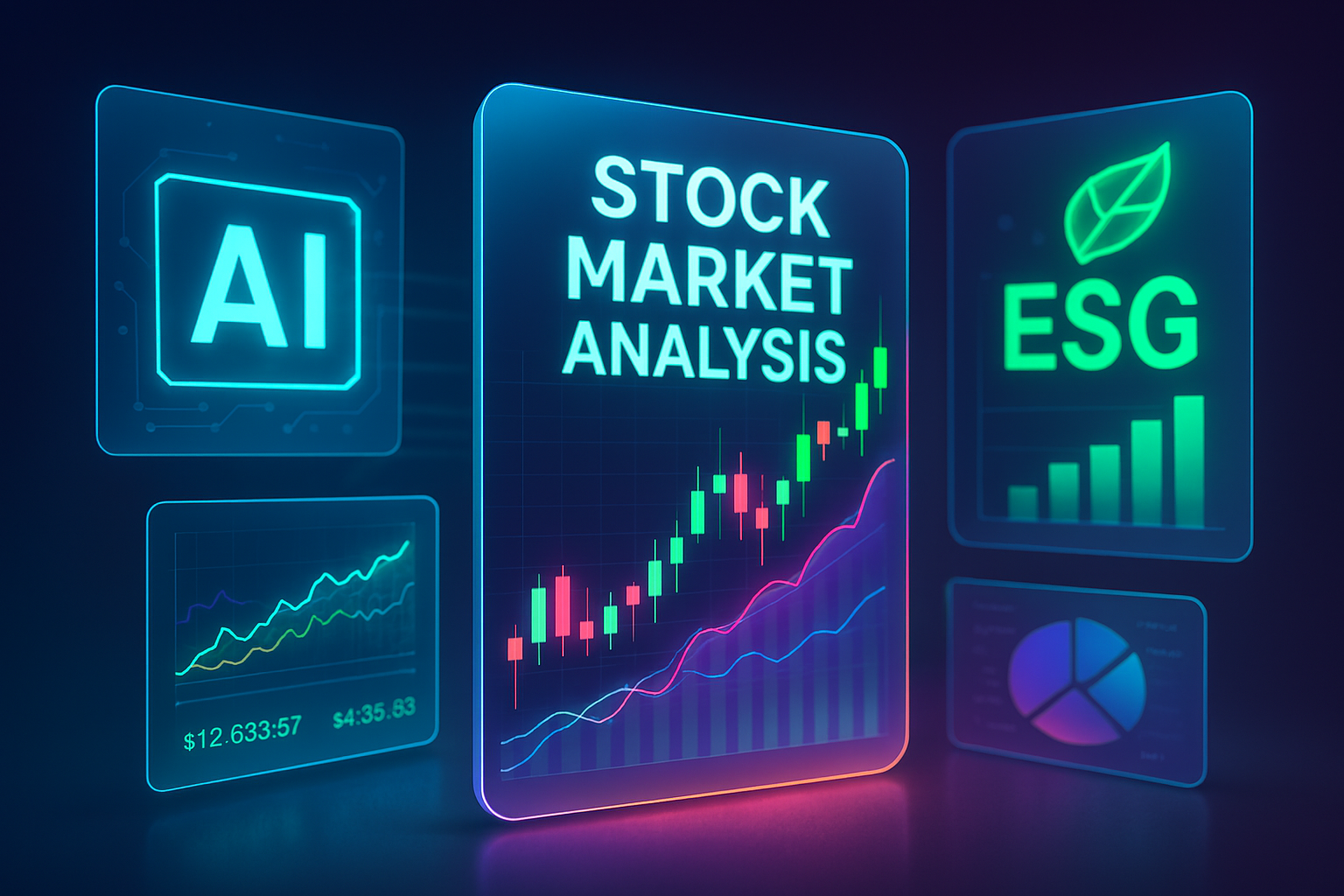 Futuristische Darstellung von KI-gestützter Aktienanalyse mit ESG-Fokus, leuchtenden Finanzcharts und transparenten Bildschirmen – ein Symbol für nachhaltige Innovation im Investieren.