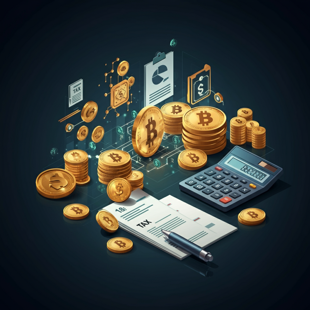 Visual representation of cryptocurrency taxation in businesses with accounting symbols