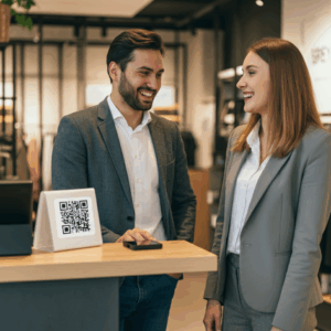 Ein Kundengespräch ohne Beratungsklau in einem modernen Laden, bei dem ein QR-Code und ein Blockchain-Symbol gut sichtbar sind