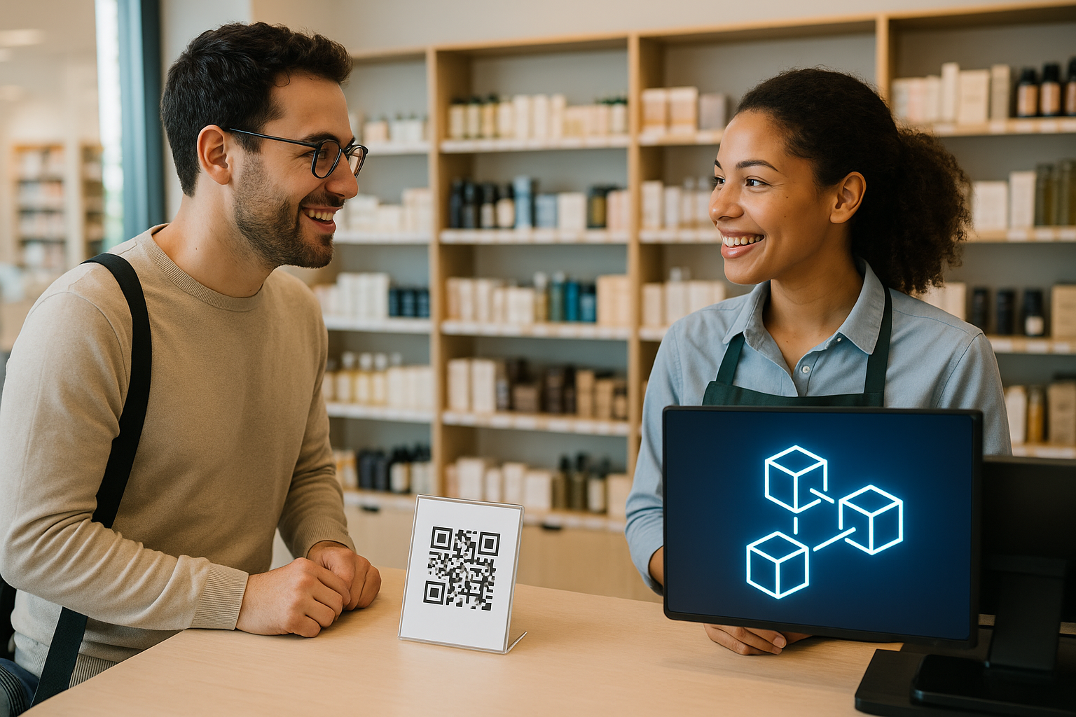 Ein Kundengespräch in einem modernen Laden, bei dem ein QR-Code und ein Blockchain-Symbol gut sichtbar sind.