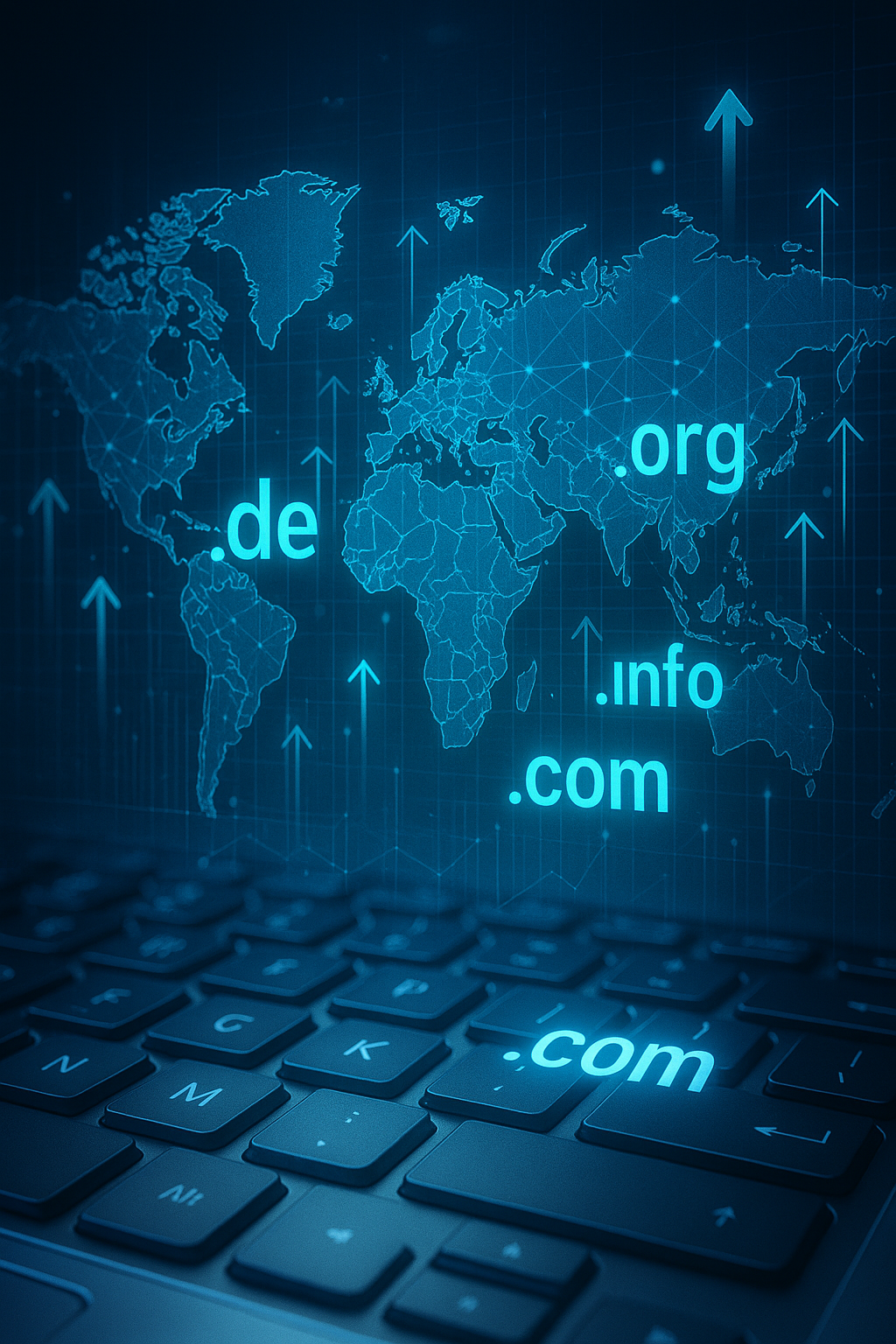 Symbolbild Domainhandel: moderne Tastatur mit überlagerter Weltkarte, Domain-Endungen (.de, .com) und digitalen Pfeilen für Wachstum und Vernetzung