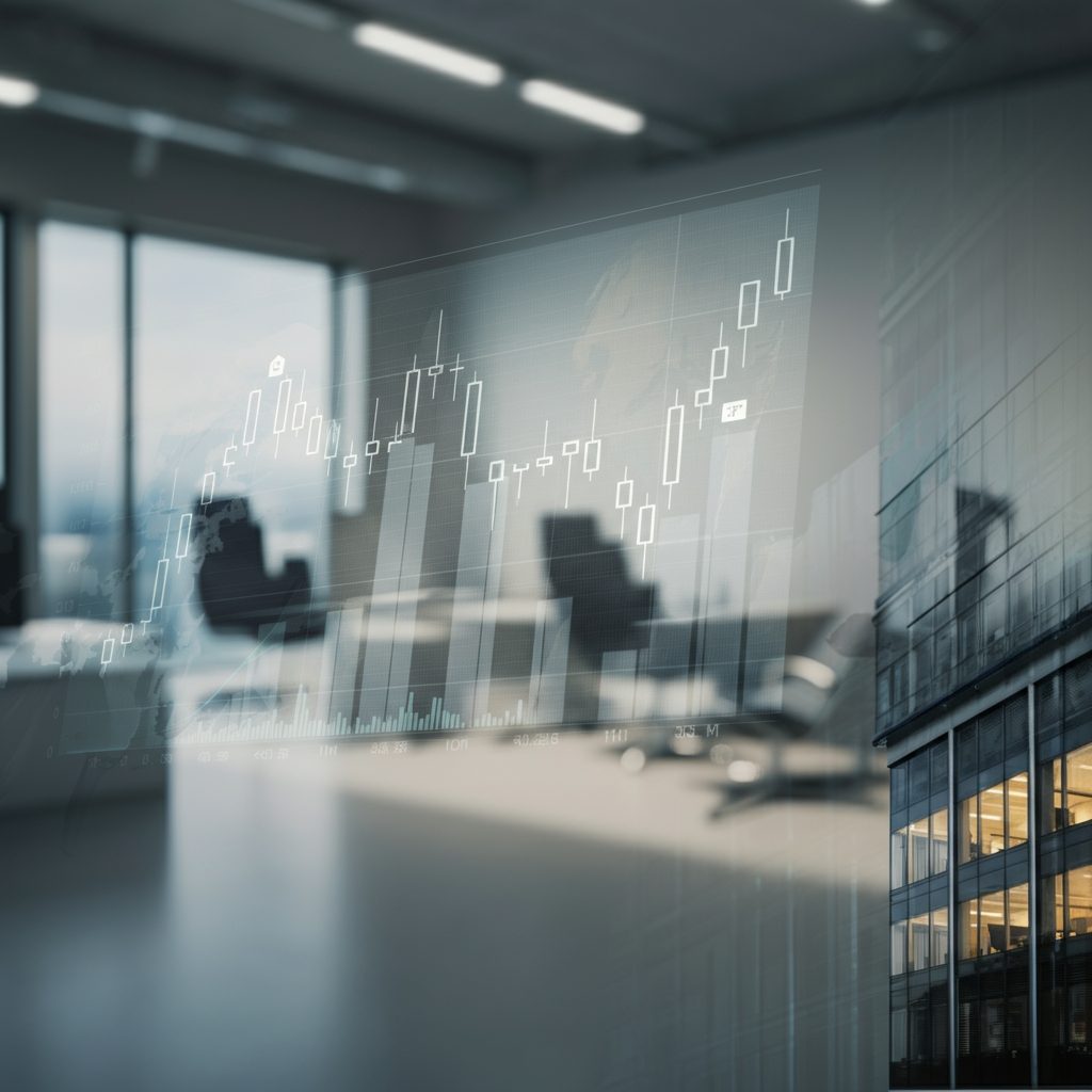 Fotografie eines modernen Büros, überlagert mit einem transparenten Finanz-Kerzenchart und einer Gebäudeaußenansicht, symbolisiert Geschäftswachstum und globale Vernetzung.