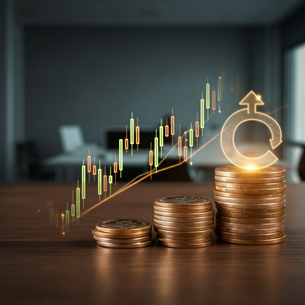 Illustration von finanziellen Investitionen mit einem steigenden Aktienchart, Münzstapeln und einem leuchtenden Aufwärtspfeil, die Wachstum und Erfolg symbolisieren.