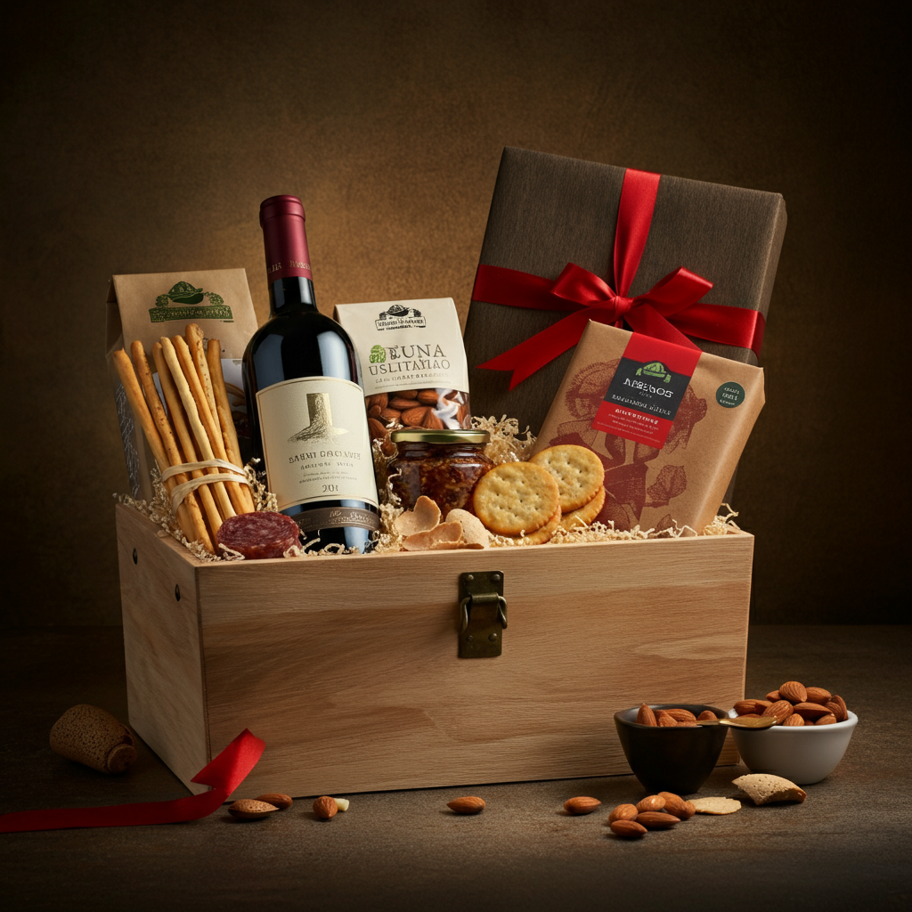 Ein hochwertiger Geschenkkorb aus geflochtenem Holz mit einer Flasche Rotwein im Mittelpunkt, umgeben von Gourmetartikeln wie Crackern, Mandeln und Brotsticks. Daneben liegt ein Geschenkpaket mit rotem Band. Die Szene ist in warmem Licht gehalten und vor einem neutralen, leicht strukturierten Hintergrund fotografiert.
