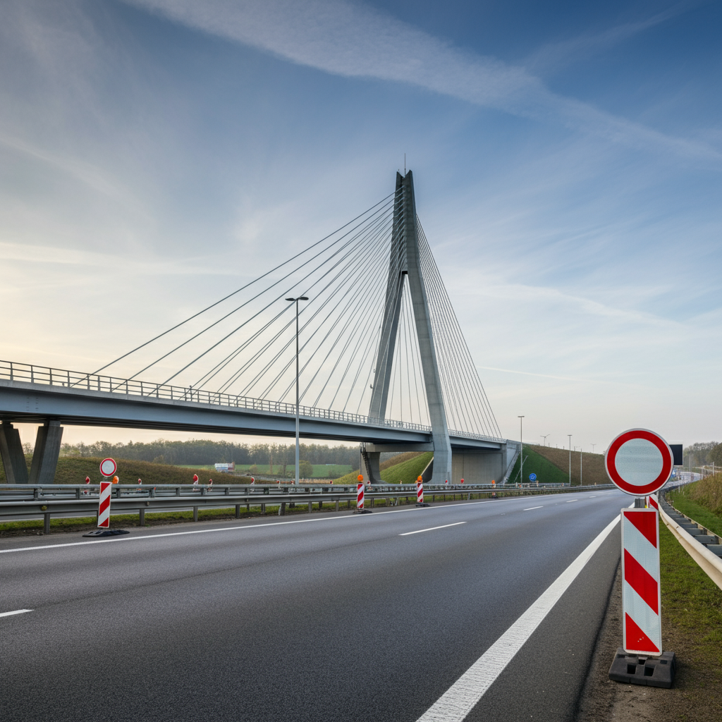 Deutsche Autobahn mit Brücke und Baustellenschildern, die moderne und klassische Elemente vereinen.