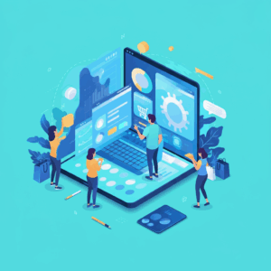 Moderne E-Commerce-Szene mit Datenanalyse, KI und motivierten Kunden zum Blogartikel über die Reduktion von Kundenabwanderung im E-Commerce der viele bewährte Strategien abdeckt und grundsätzlich solide ist.