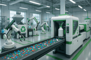 Mikrofabriken verarbeiten Plastikabfall, verbunden mit Blockchain-Netzwerk und digitalem Recycling-Token