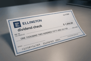 Fotorealistische Nahaufnahme eines Dividendenschecks mit Ellington-Logo, auf einem Schreibtisch in moderner Studiobeleuchtung.