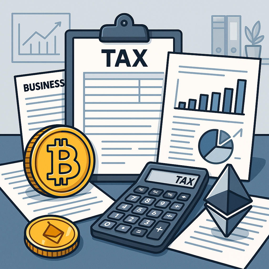 Visual representation of Kryptowährungsbesteuerung in businesses with accounting symbols