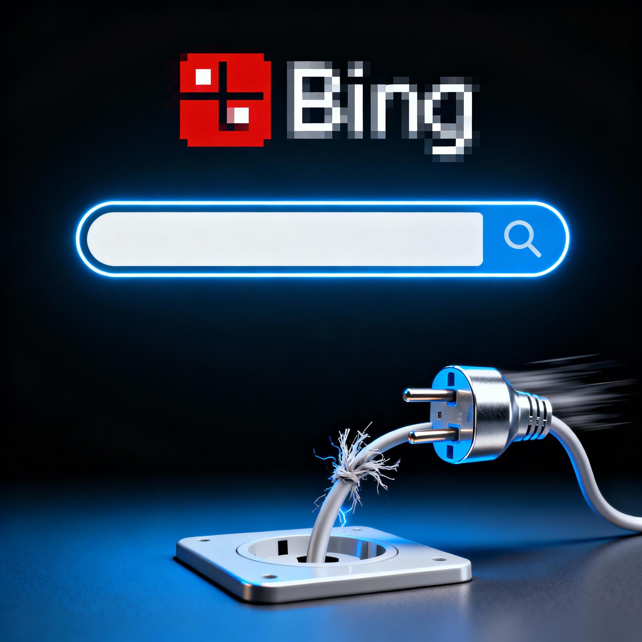 Symbolische Darstellung der Einstellung der Bing Search API: Eine Suchleiste, die in Pixel zerfällt, verbunden mit einem Stromkabel, das ausgesteckt wird. Modernes und professionelles Design mit Fokus auf Technologie und Wandel.