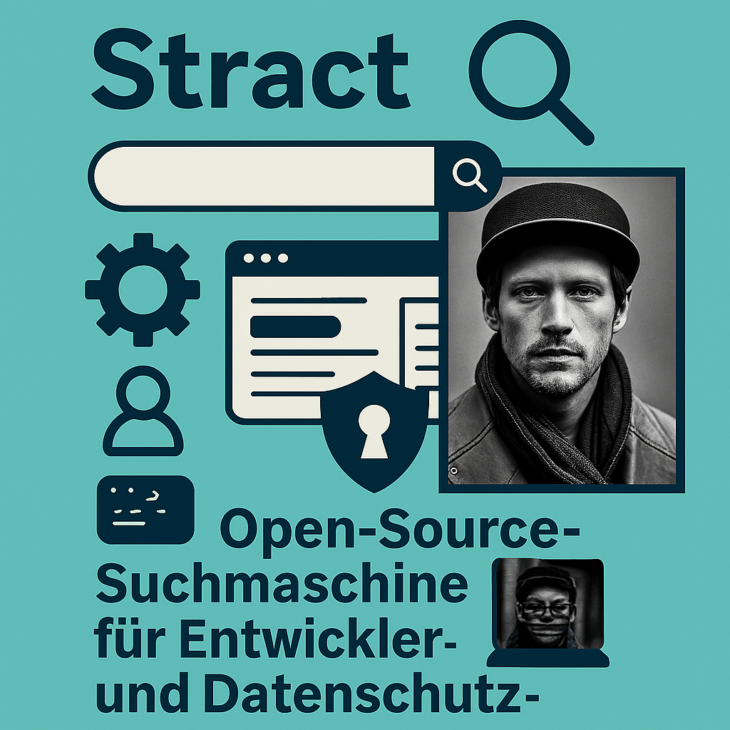 Illustration der Open-Source-Suchmaschine Stract mit Suchleiste, Datenschutzsymbolen und einem Porträt eines Entwicklers – visuelle Darstellung für datenschutzorientierte Websuche