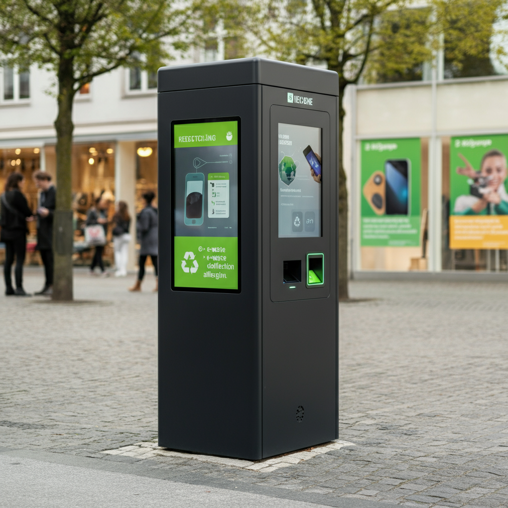 Das Bild zeigt perfekt die Zukunftsvision der Elektromüll-Entsorgung: Ein hochmoderner Recycling-Kiosk mit KI-gestützter Geräteerkennung, an dem Bürger ihre Altgeräte einfach und intuitiv abgeben können. Solche intelligenten Sammelstellen könnten die Lösung für Deutschlands dramatisch gesunkene Sammelquote sein und das ecoATM-Konzept in eine neue Dimension führen.