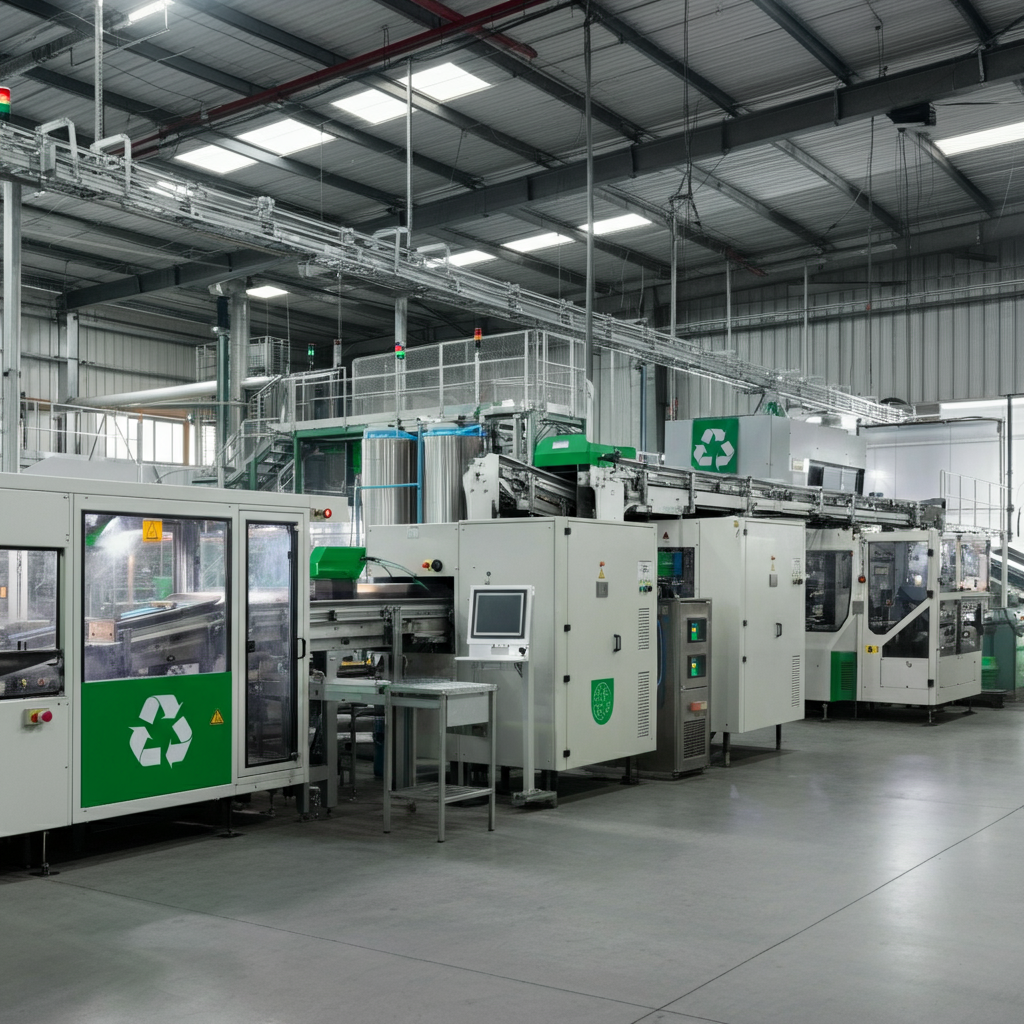 Moderne Recyclinganlage für Akkus mit nachhaltigem Fokus, fortschrittlicher Technologie und Recycling-Symbolen.
