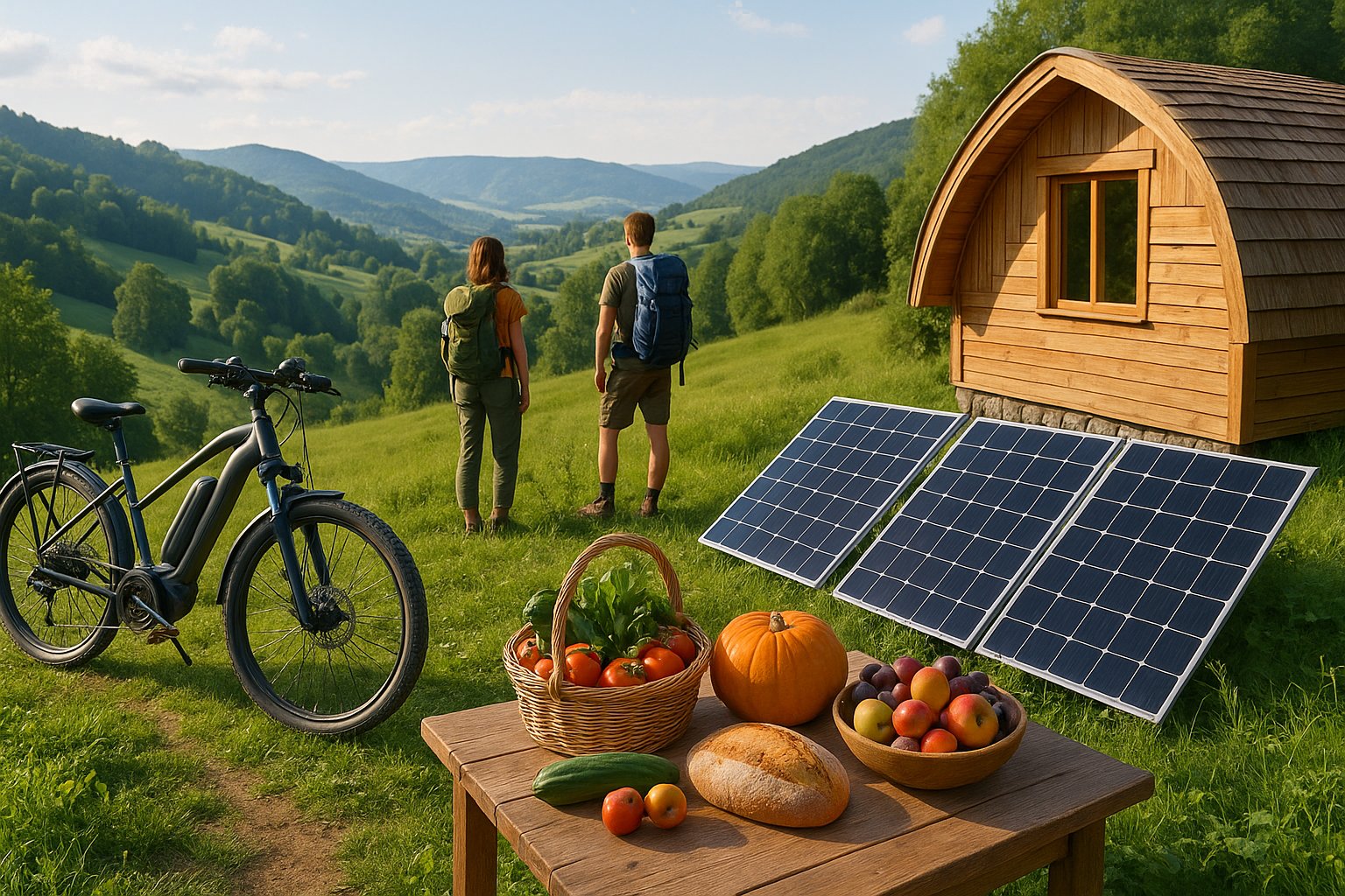 Nachhaltiges Tourismuskonzept: Moderne Reisende mit Rucksäcken stehen auf einem grünen Hügel und blicken auf eine unberührte europäische Landschaft. Im Vordergrund sind E-Bikes, regionale Lebensmittel, Solarpaneele und eine umweltfreundliche Unterkunft.