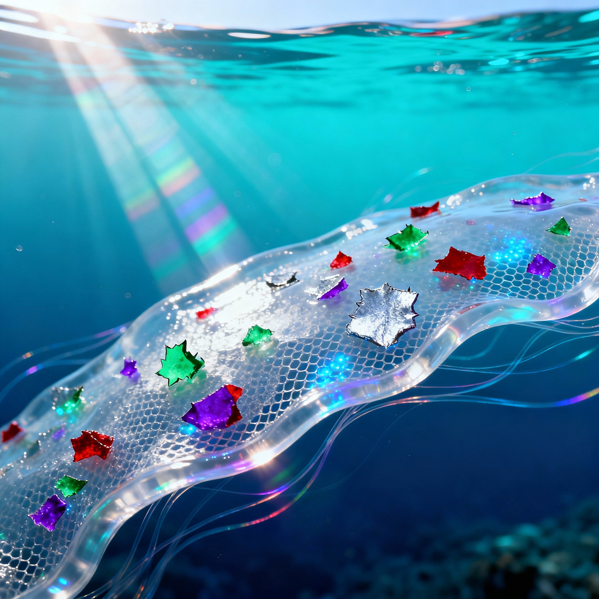 Ein wissenschaftliches Hydrogel, das Mikroplastikpartikel im Meerwasser absorbiert und durch photokatalytische Reaktion zersetzt. Dargestellt als transparentes Gel mit eingebetteten Nanopartikeln, umgeben von Mikroplastikfragmenten, unter Sonnenlicht im Ozean.