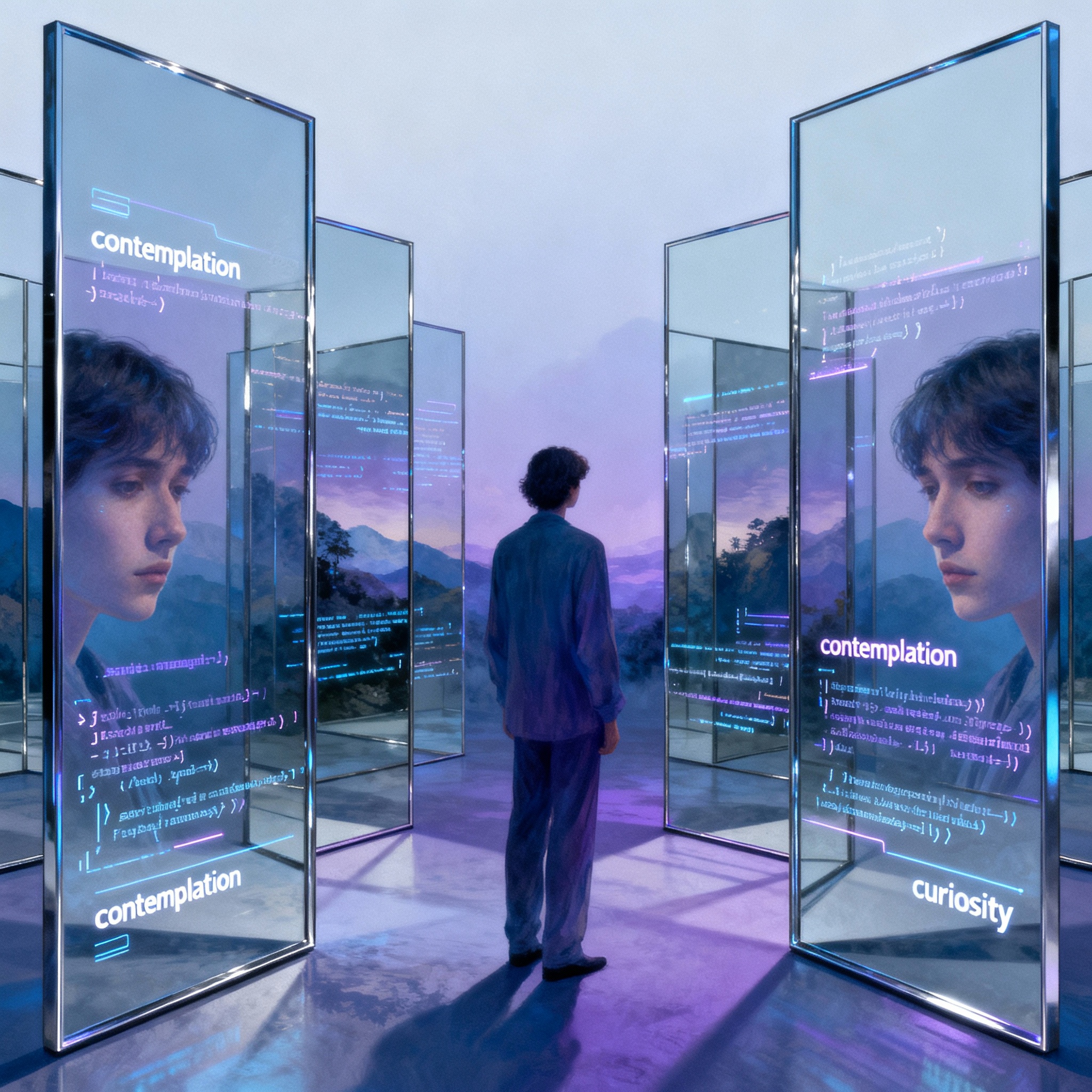 Eine Person steht in einem surrealen Spiegel-Labyrinth. Die Spiegel reflektieren nicht nur ihr Gesicht, sondern auch Fragmente von Gedanken, Datenströmen, Codezeilen, Textschnipseln und traumähnlichen Landschaften. Die Atmosphäre wirkt leicht digital, mit einem Hauch von Melancholie und Neugier. Die Farbpalette ist kühl und futuristisch: Blau, Violett, Silber. Die Person scheint nachdenklich, als würde sie sich selbst und ihre Erinnerungen in den Spiegelungen erkennen.