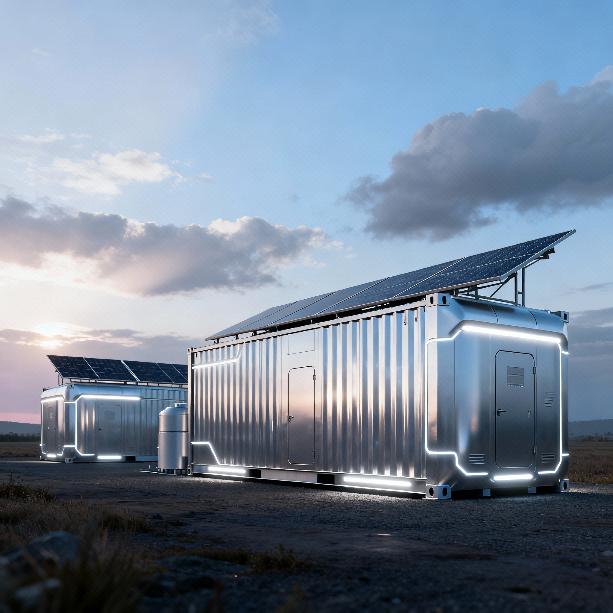 Moderner möglicher micro-modularer Kernreaktor im Container und futuristische Landschaft