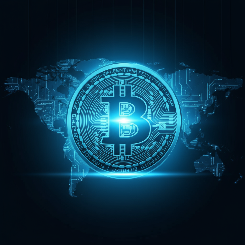 Bitcoin in leuchtendem Stil vor einer Weltkarte – digitales Kryptowährungs-Design