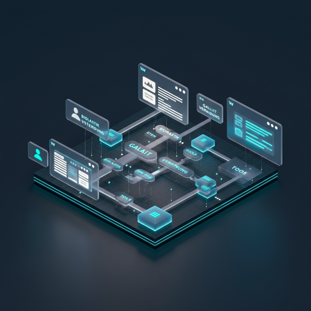 3D-Darstellung einer semantisch strukturierten Website-Architektur mit Hauptdomain, Subdomains und thematischen Clustern, verbunden durch leuchtende Linien auf dunklem Hintergrund.