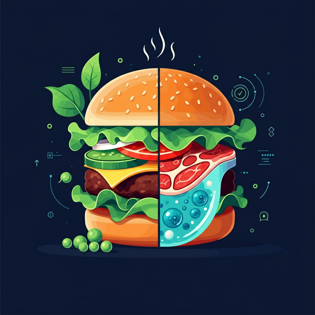 Moderne, minimalistische Illustration eines Burgers, links mit pflanzlichen Symbolen wie Blättern und Erbsen für vegane Alternativen, rechts halbiert mit einer stilisierten Petrischale oder Zellstruktur für zellkultiviertes Fleisch. Im Hintergrund dezente Domain- und Websymbole in lebendigen Grüntönen und kühlem Blau.