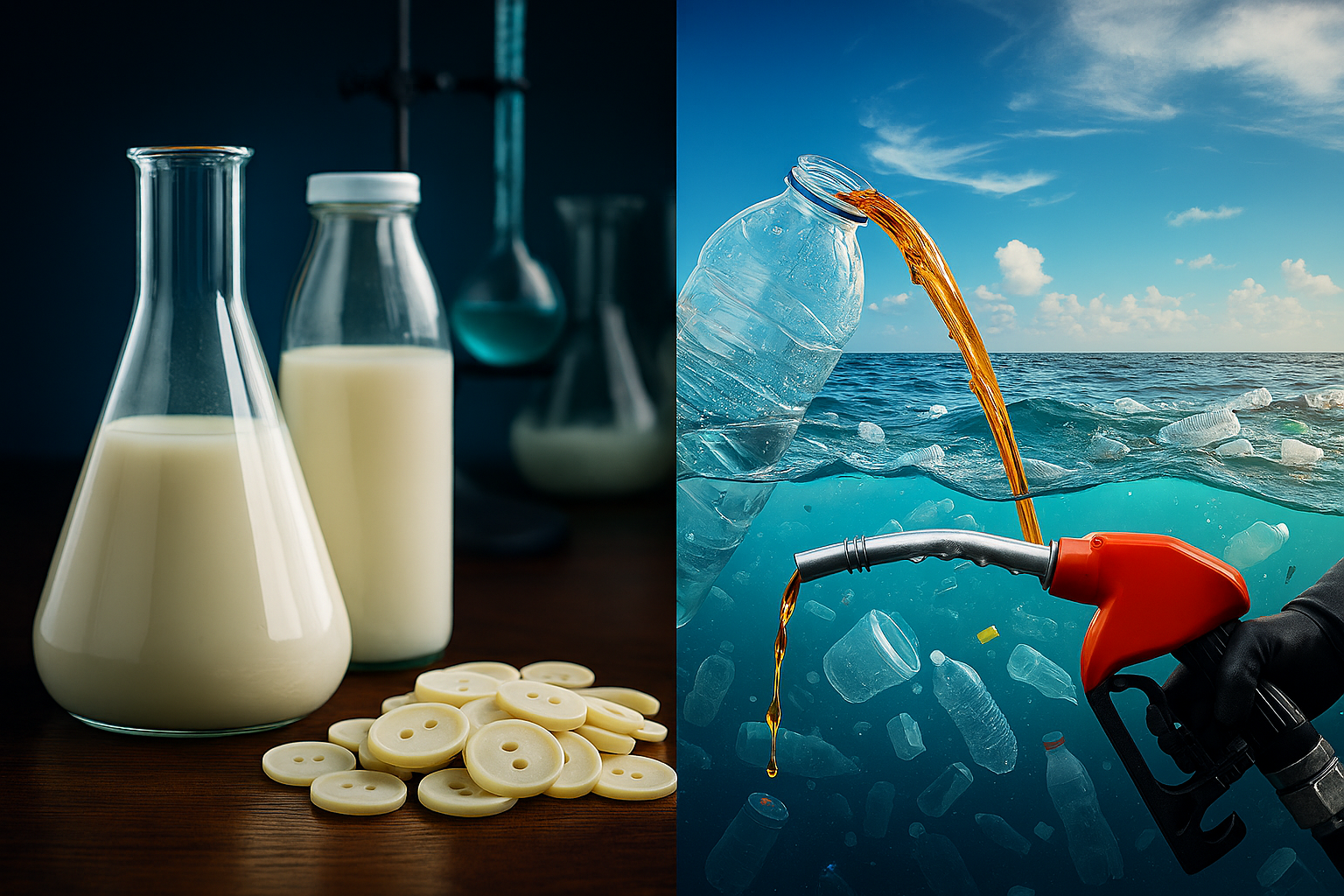 "Illustration zeigt die Dualität nachhaltiger Materialien: Links ein Labor mit Milchflasche, Erlenmeyerkolben und cremefarbenen Knöpfen auf Holz, symbolisiert Galalith. Rechts eine Ozeanszene mit Plastikflasche, aus der Treibstoff in eine Zapfpistole fließt, repräsentiert Plastoline. Klare Trennung durch Farbpalette: kühle Töne links, lebendige Blautöne und Orange rechts."