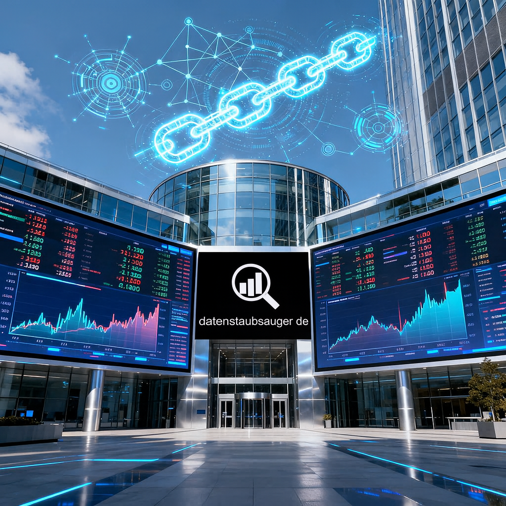 Digitales EuroStreet Gebäude mit Glasfassade, flankiert von Börsendisplays mit Finanzdaten und Blockchain-Grafik über dem Dach; zentrales Logo von datenstaubsauger.de symbolisiert datengetriebene Analyse und moderne Webstrategie.