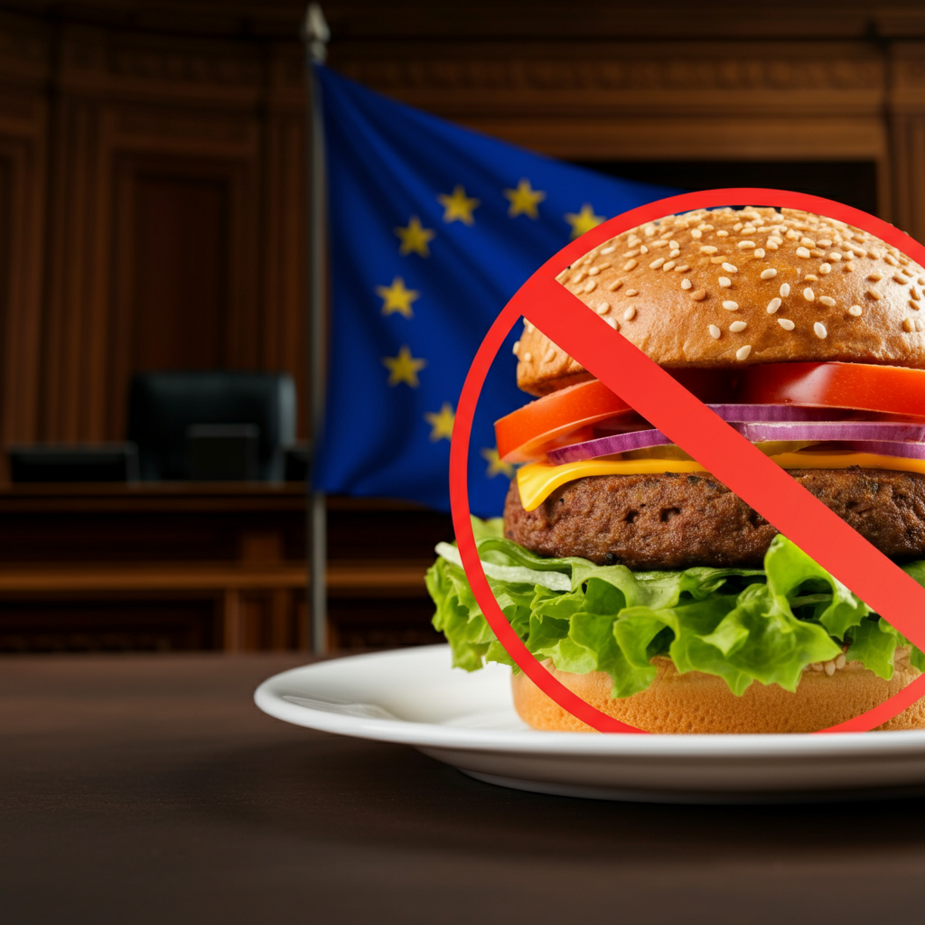 Ein pflanzlicher Burger auf einem weißen Teller, daneben ein rotes Verbotsschild mit dem durchgestrichenen Wort „Burger“. Im Hintergrund eine stilisierte EU-Flagge und ein Gerichtssaal, die auf das EU-Verbot von Begriffen wie „Veggie-Burger“ hinweisen.