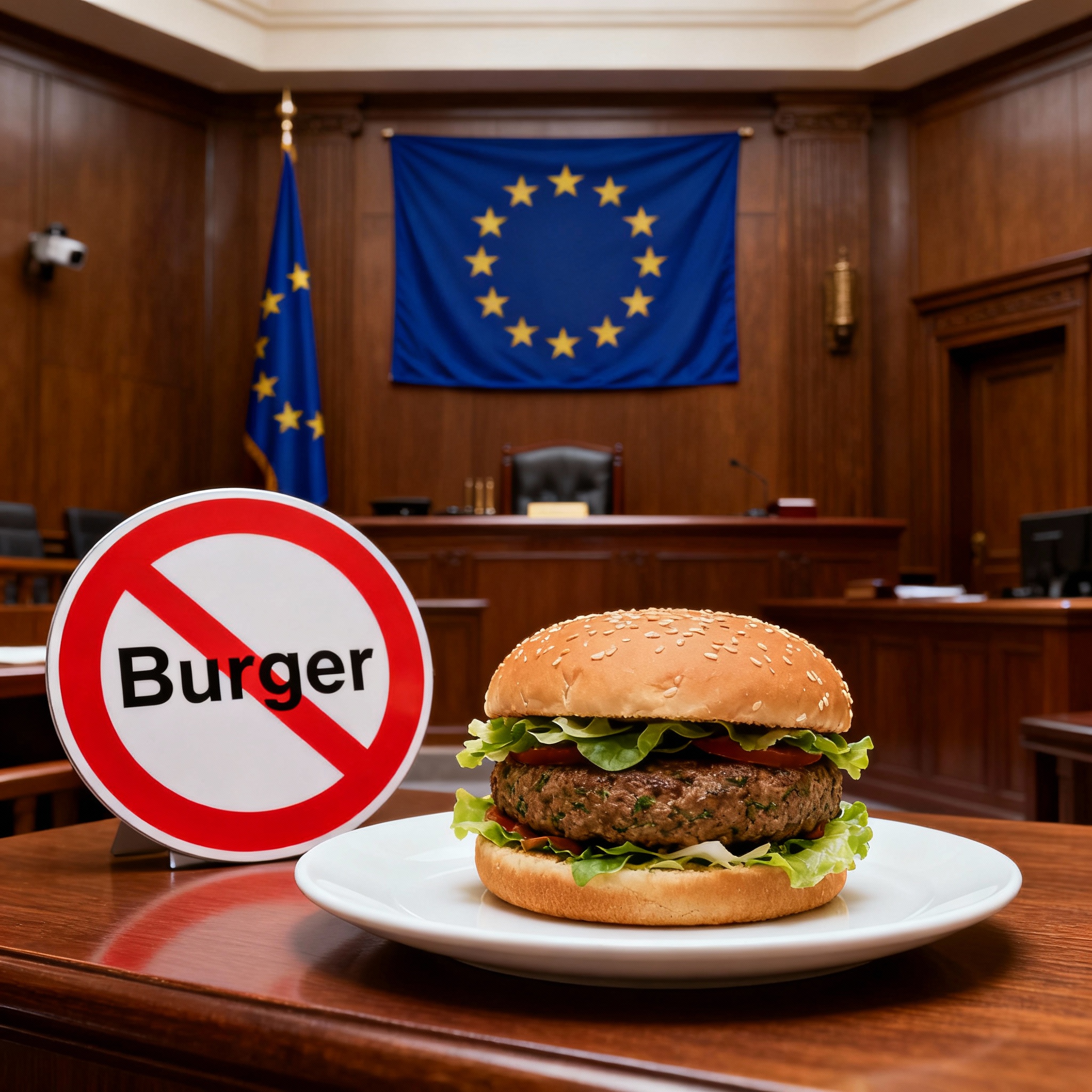 Domains zu einem pflanzlichen Burger auf einem weißen Teller, daneben ein rotes Verbotsschild mit dem durchgestrichenen Wort „Burger“. Im Hintergrund eine stilisierte EU-Flagge und ein Gerichtssaal, die auf das EU-Verbot von Begriffen wie „Veggie-Burger“ hinweisen.