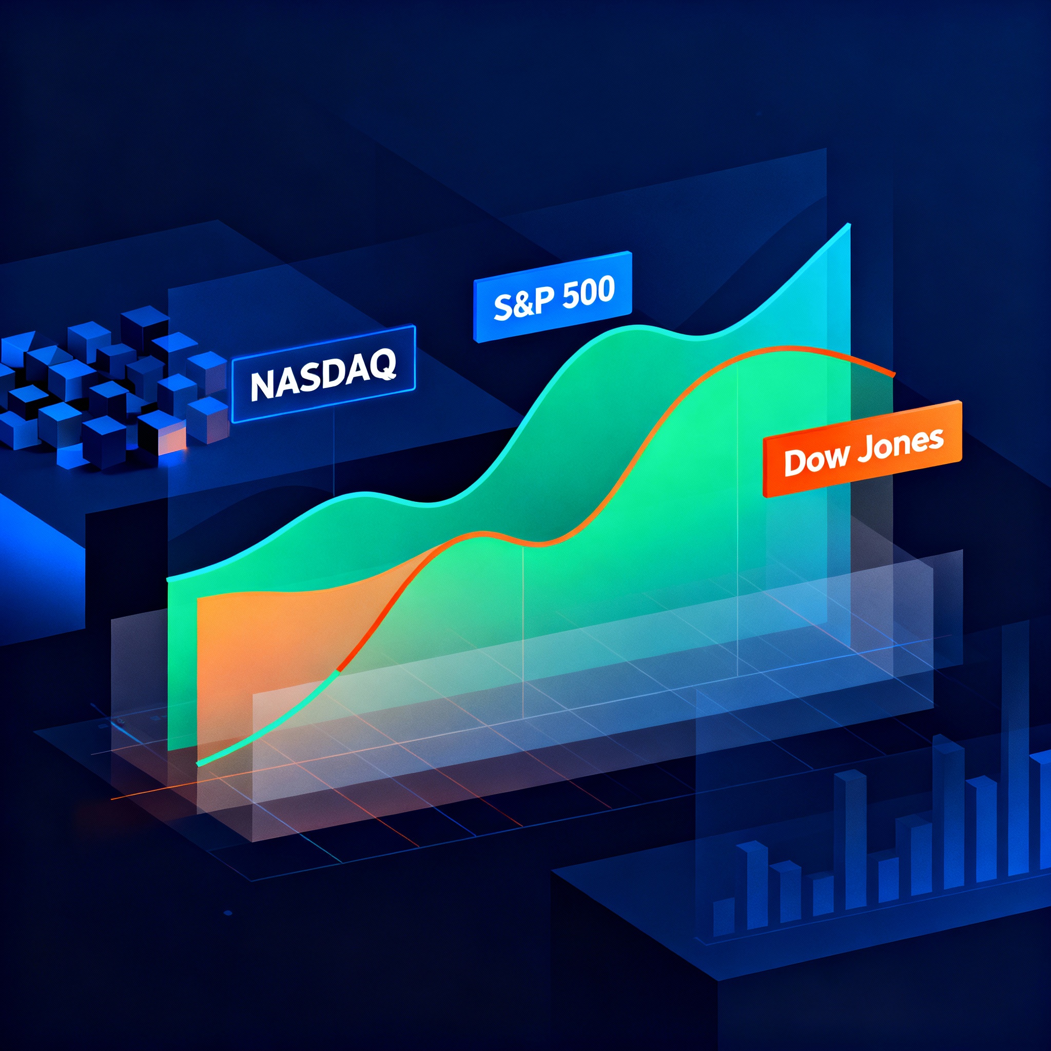Illustration of a dynamic digital financial chart with glowing blue and red candlesticks, bar graphs, and an upward trending arrow, symbolizing growth and market success.