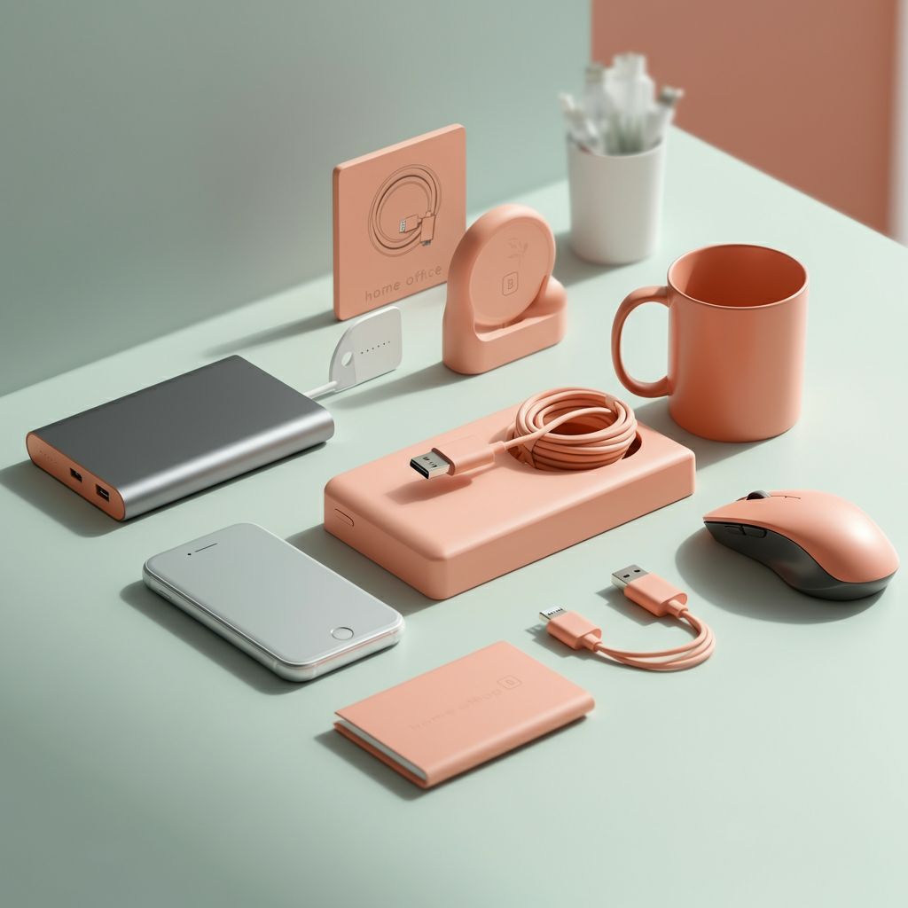 Symbolbild für Homeoffice und Büro Merchs: Powerbanks, Handyladekabel und Organizer mit Werbeaufdruck im modernen Look