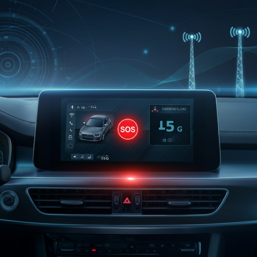 Ein modernes Auto-Armaturenbrett mit großen digitalen Anzeigen, ein leuchtendes SOS/eCall-Symbol in Rot, umgeben von blauen und silbernen Farbtönen. Im Hintergrund sind Funkwellen und stilisierte LTE/5G-Sendemasten zu sehen. Der Stil ist realistisch und technisch-futuristisch, mit Fokus auf Sicherheit und moderne Technologie.