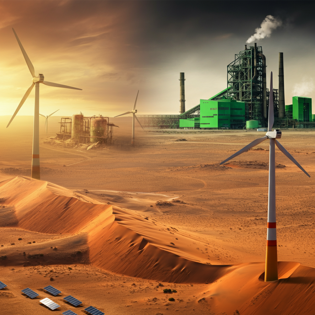Namibische Wüste mit Windturbinen und Solarpaneelen im Vordergrund, einer verlassenen grünen Wasserstoffanlage und einer erfolgreichen modernen grünen Stahlfabrik im Hintergrund. Dramatische Beleuchtung betont den Kontrast zwischen einem gescheiterten Industrieprojekt und einer nachhaltigen Energieinitiative in Afrika.