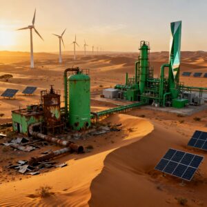 Namibische Wüste mit Windturbinen und Solarpaneelen im Vordergrund, einer verlassenen grünen Wasserstoffanlage und einer erfolgreichen modernen grünen Stahlfabrik im Hintergrund. Dramatische Beleuchtung betont den Kontrast zwischen einem gescheiterten Industrieprojekt und einer nachhaltigen Energieinitiative in Afrika.