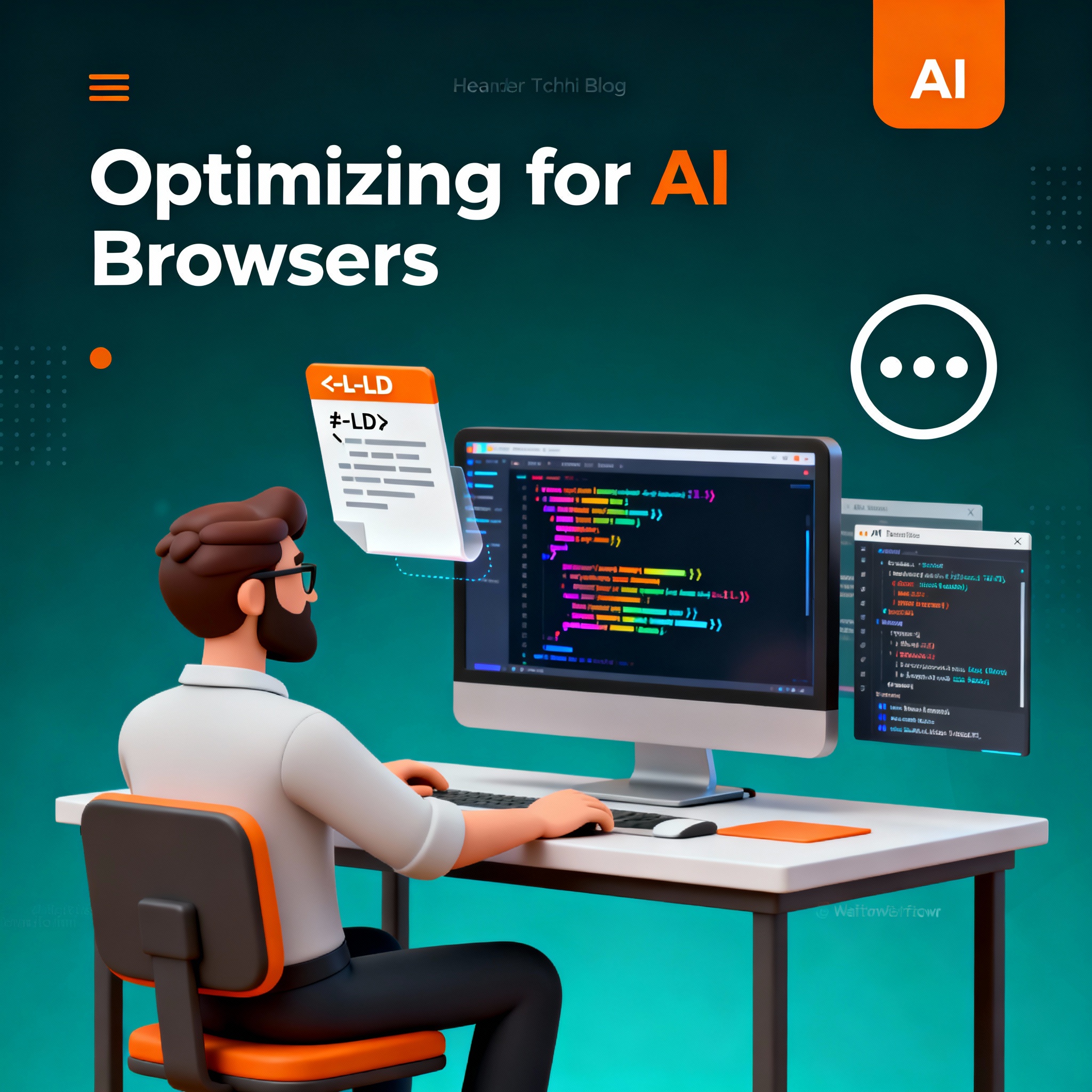 Illustration eines Ingenieurs, der an einem Schreibtisch sitzt und an einem Widescreen-Monitor mit farbcodiertem Code arbeitet, umgeben von KI- und API-Elementen, mit dem Text 'Optimizing for AI Browsers'.