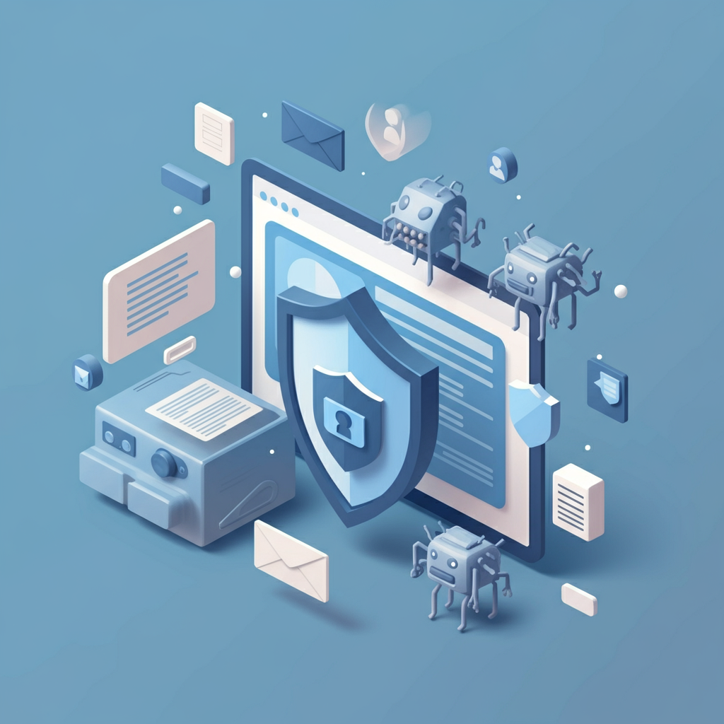 Illustration einer Website, die vor Spam-Angriffen geschützt wird, mit einem Schildsymbol, Spam-Symbolen wie Umschlägen und Bots sowie einer sicheren Website-Oberfläche.